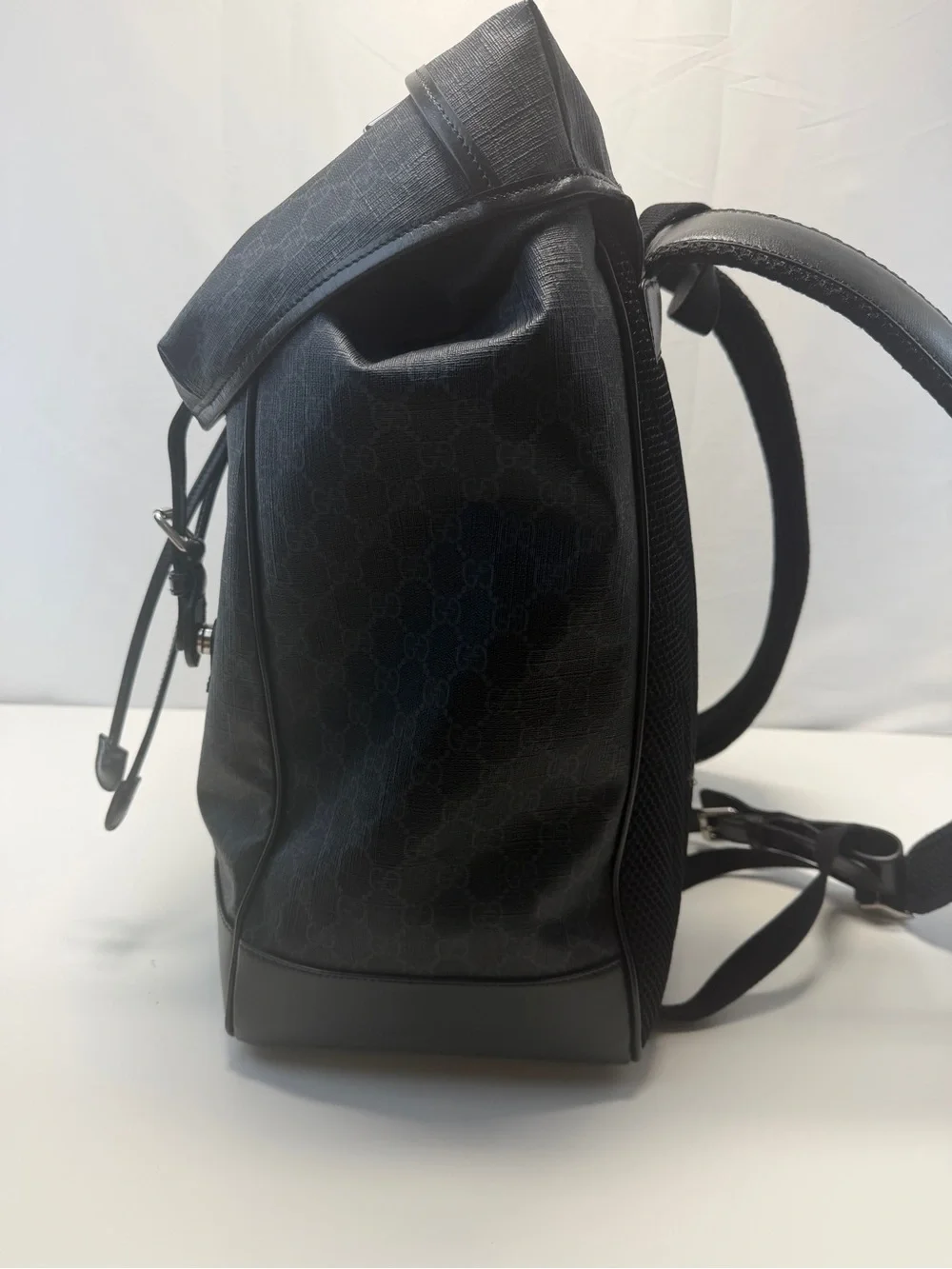 Gucci Black Monogram Leather-Trim Backpack